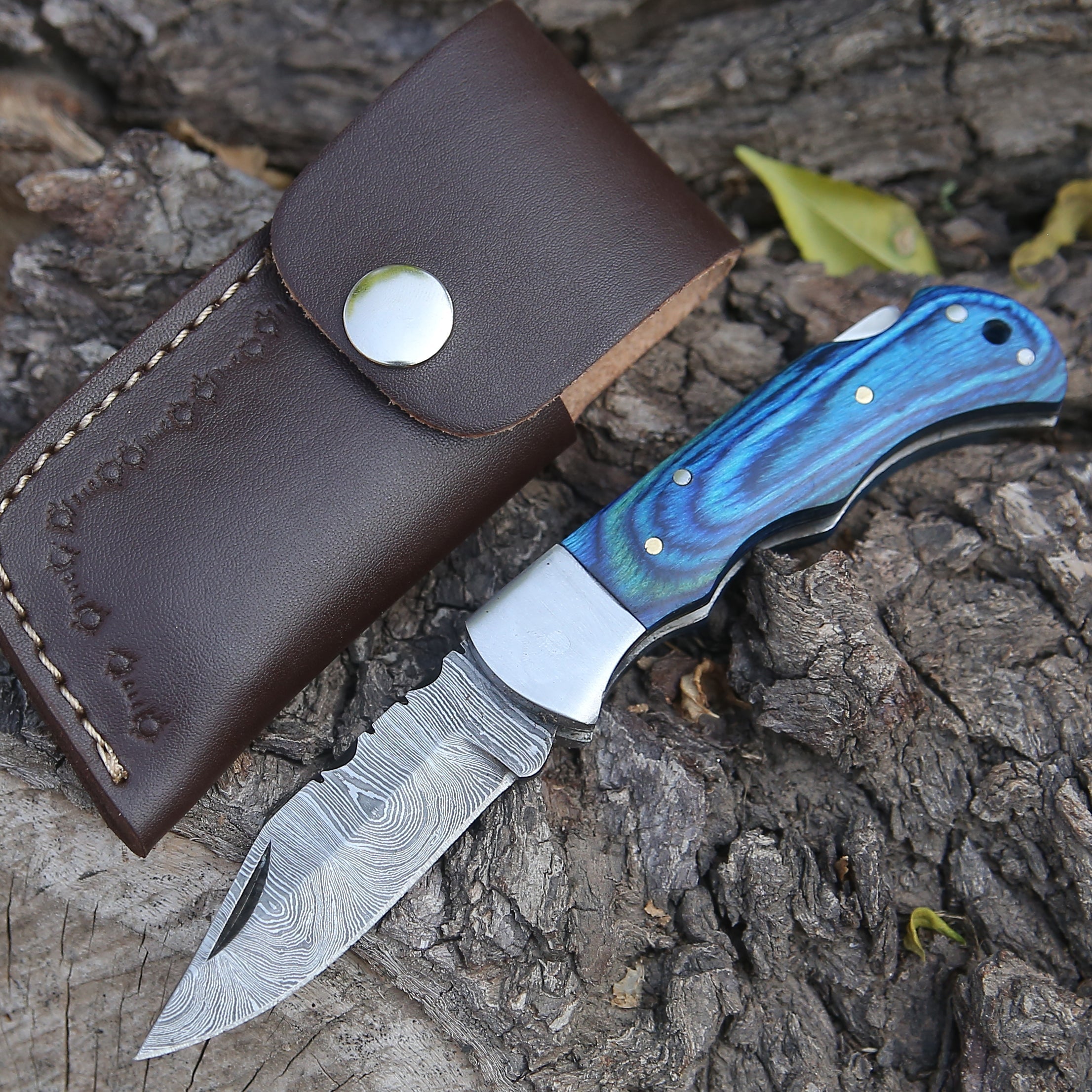 Custom Hand Forged Damascus Folding Knife With Steel Bolster & Stained Wood Handle WH 141