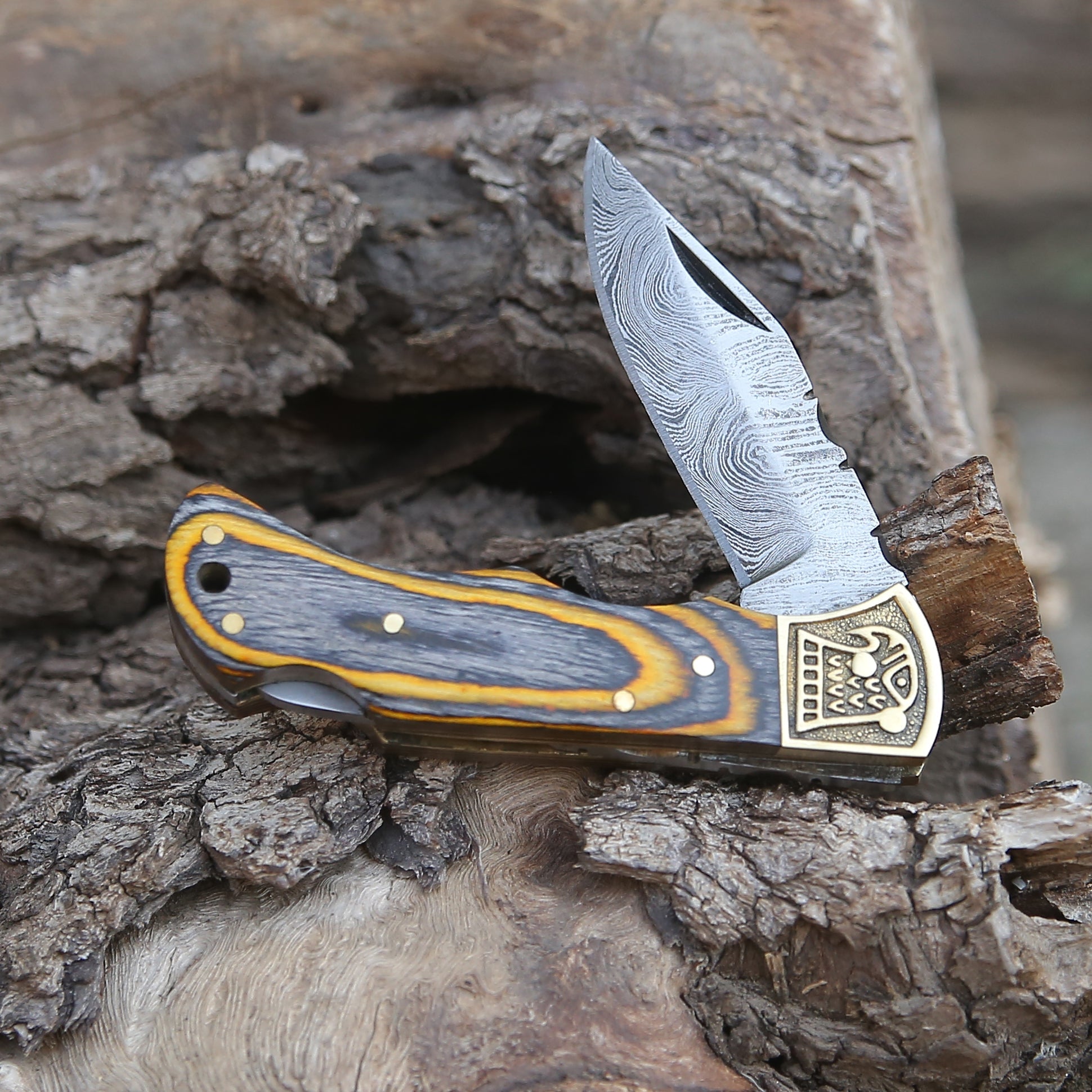 Custom Hand Forged Damascus Folding Knife Stain Wood Handle With Engraved Bolster WH 1557