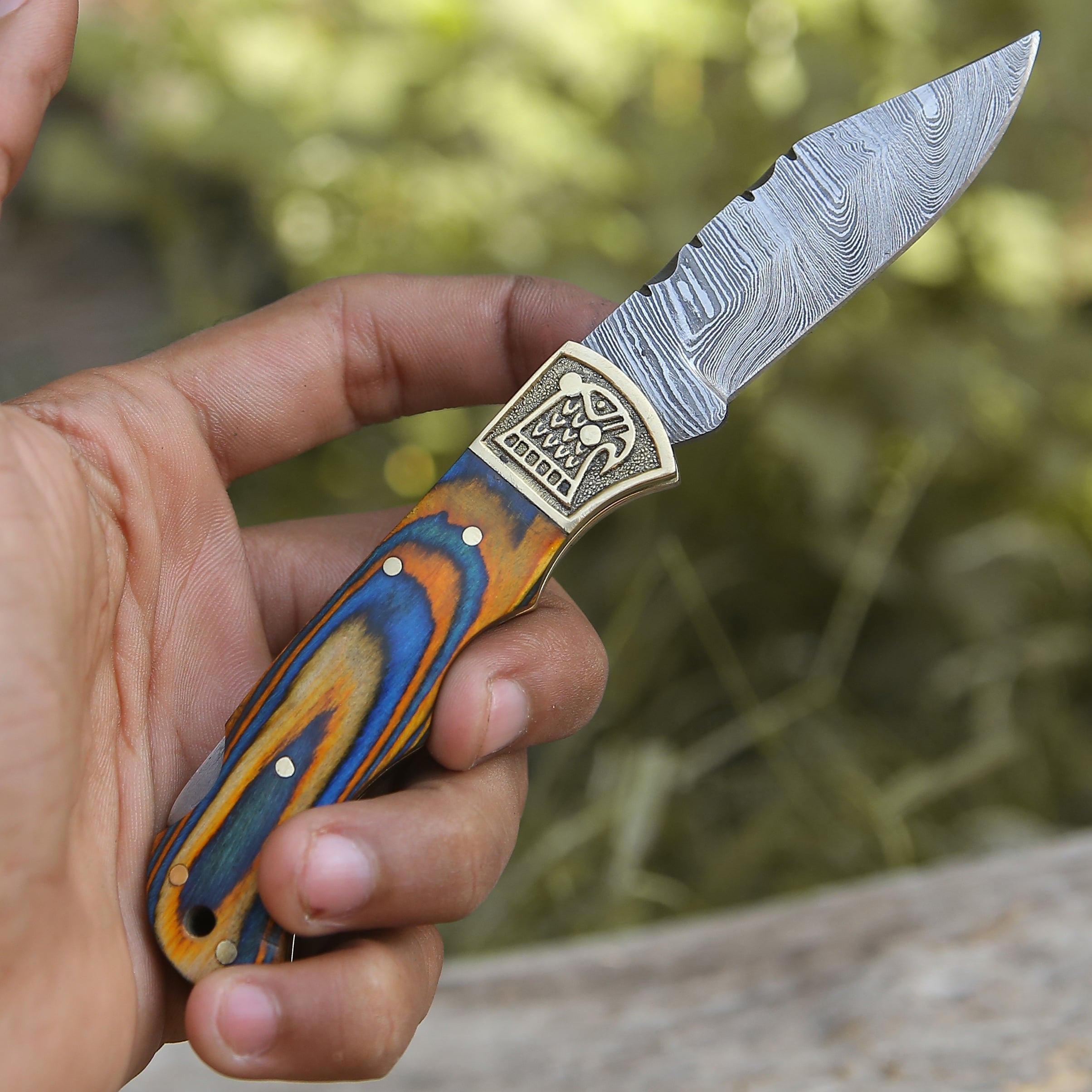 Customs Hand Made Damascus Steel Hunting Folding Knife Brass Bolster With Colored Wood Handle WH 2593
