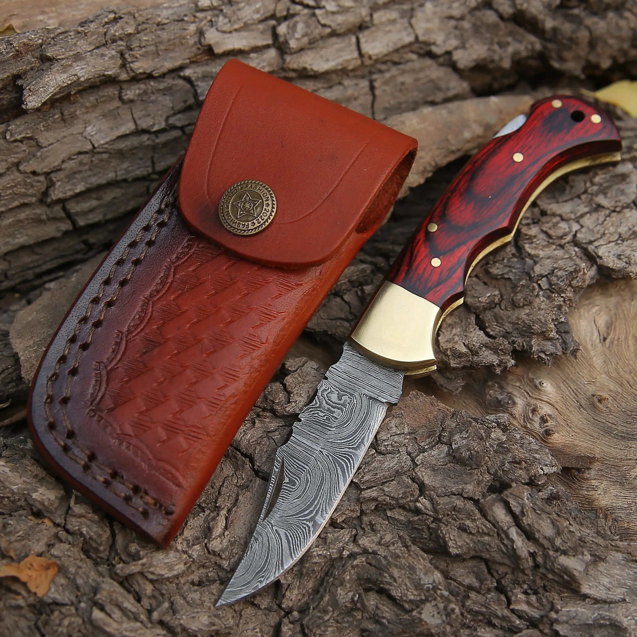 Custom Hand Forged Damascus Steel Folding Knife Stained Wood Handle WH 1255