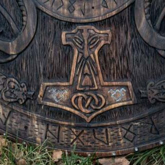 Handcarved Norse Runic Jörmungandr Ornaments Viking Shield, Large, 30"
