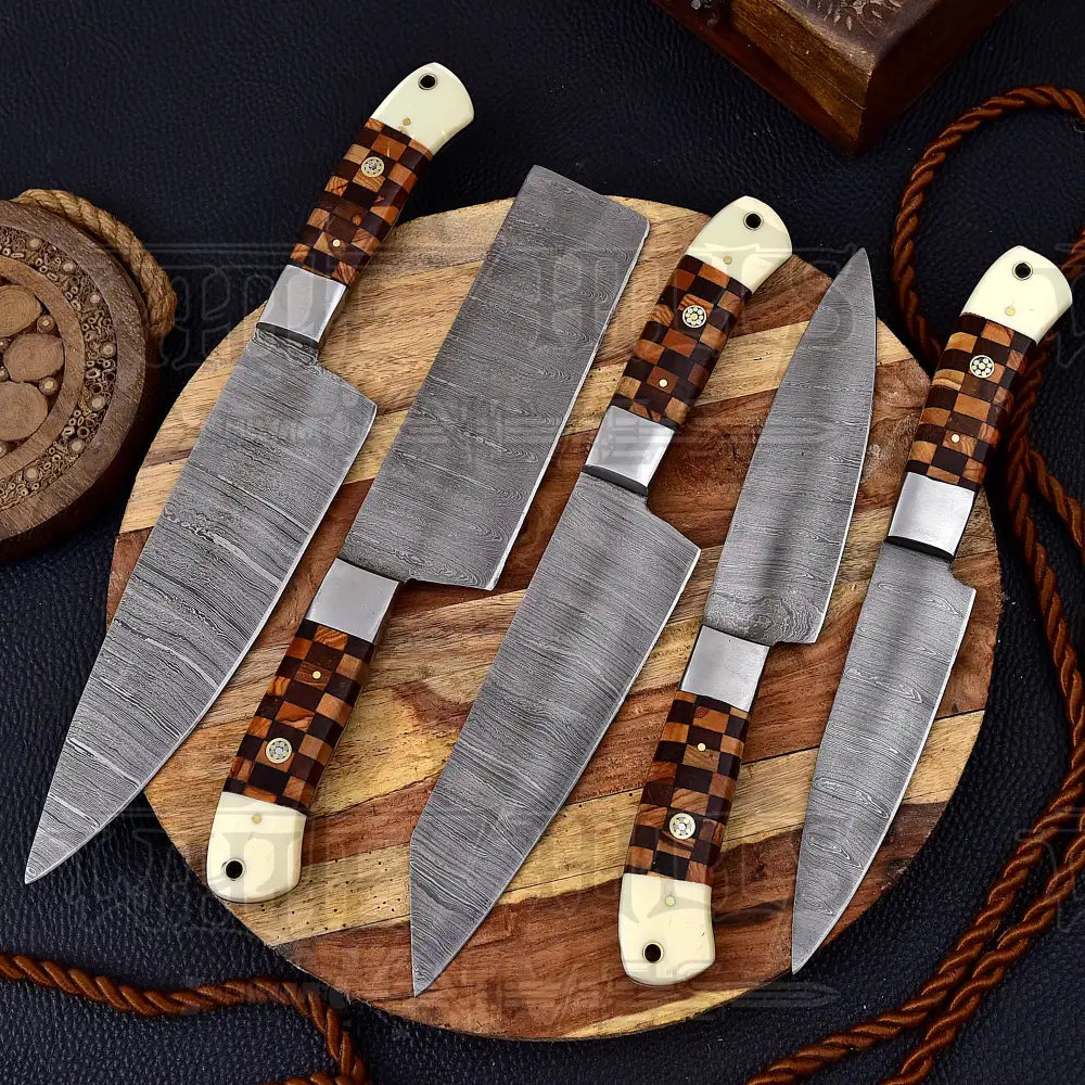 Custom Hand Made Forged Damascus Chef Knife Set Steel Bolster With Bone & Dark wood Handle WH 3622