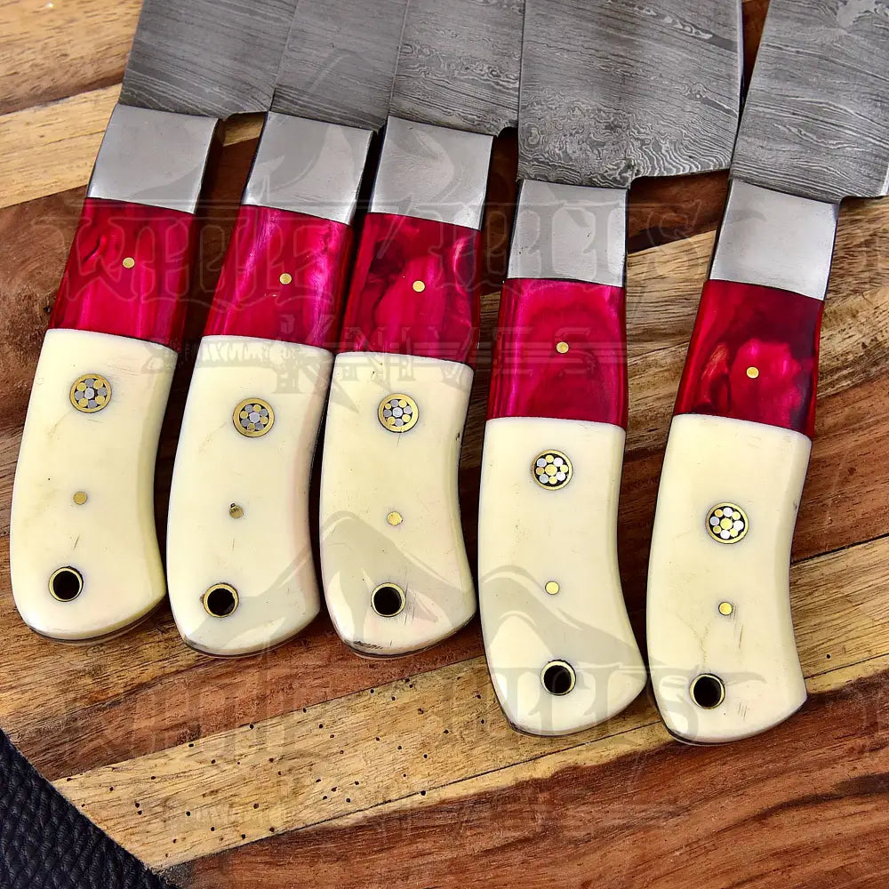 Custom Hand Made Forged Damascus Chef Knife Set Steel Bolster With Bone & Stained Wood Handle WH 3624