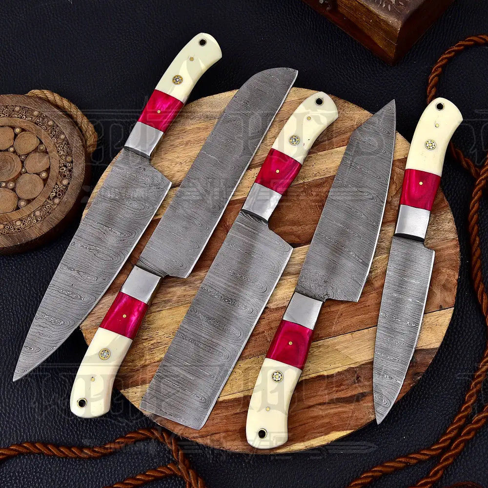 Custom Hand Made Forged Damascus Chef Knife Set Steel Bolster With Bone & Stained Wood Handle WH 3624
