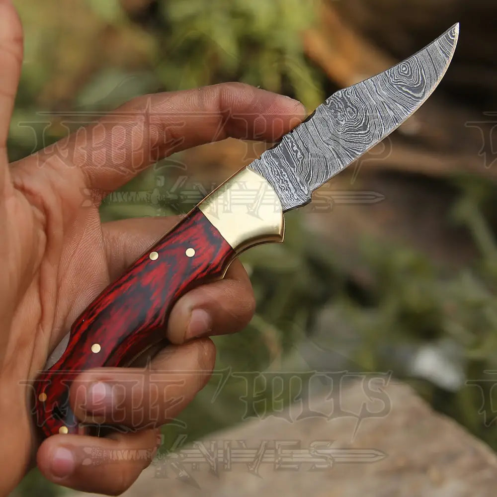 Custom Handmade Damascus Steel Pocket Folding Knife Stained Wood Handle WH 1255