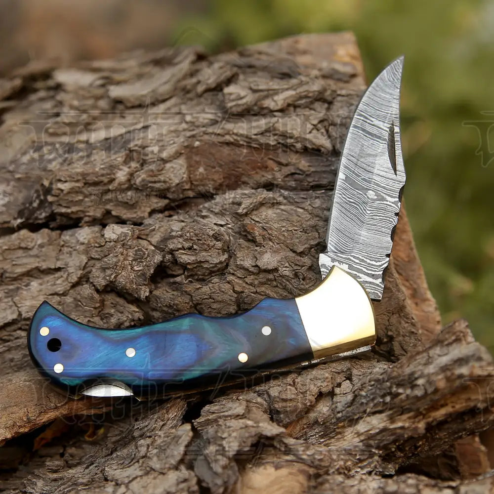 Custom Handmade Damascus Steel Pocket Folding Knife Stained Wood Handle WH 1256