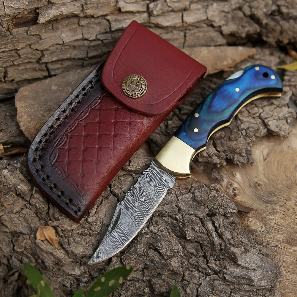 Custom Handmade Damascus Steel Pocket Folding Knife Stained Wood Handle WH 1256