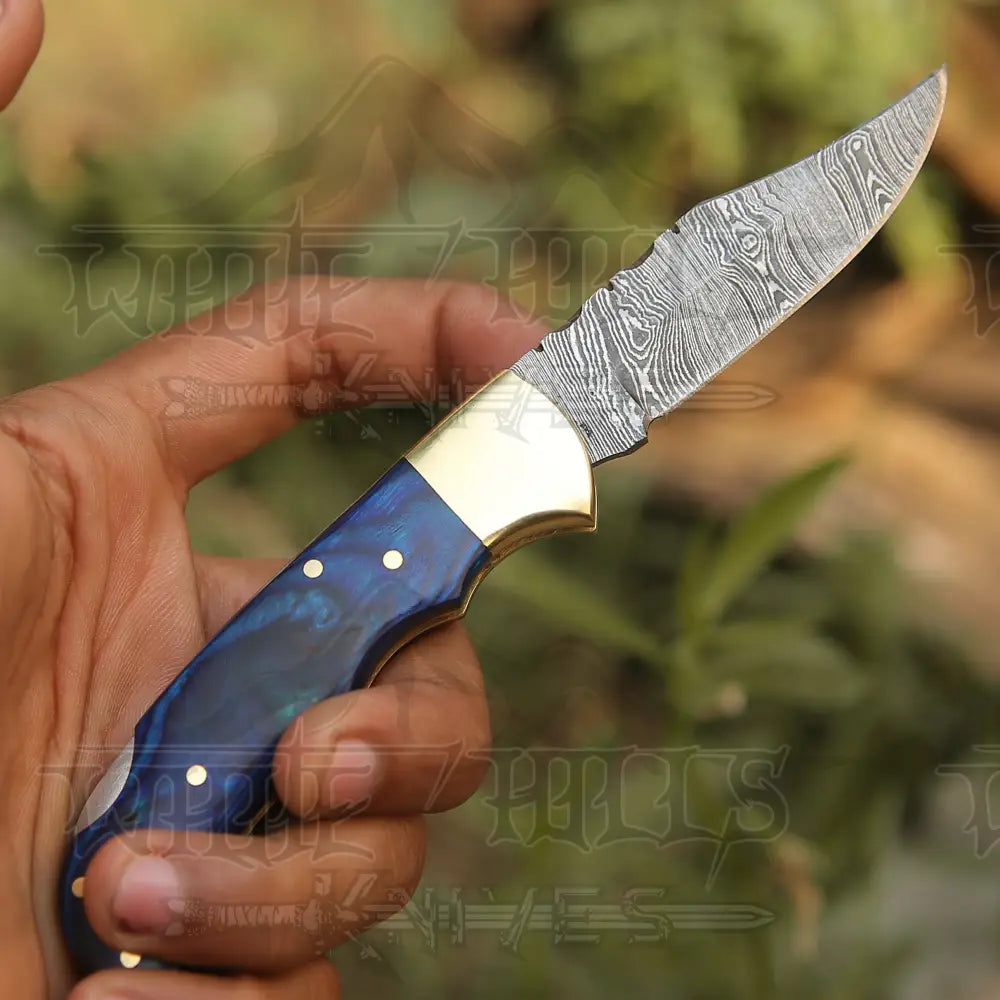 Custom Handmade Damascus Steel Pocket Folding Knife Stained Wood Handle WH 1256