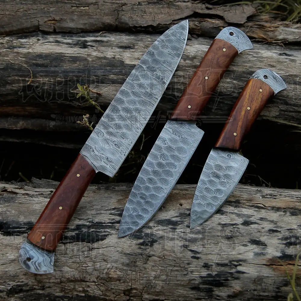 Damascus 3 Piece Chef Knife Set & Leather Roll