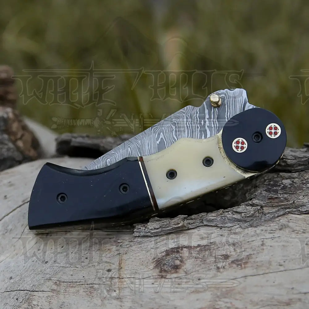 Damascus Steel Folding Pocket Knife - 8" Handmade Gift Knife with Camel Bone & Resin Handle - Camping Pocket Knife