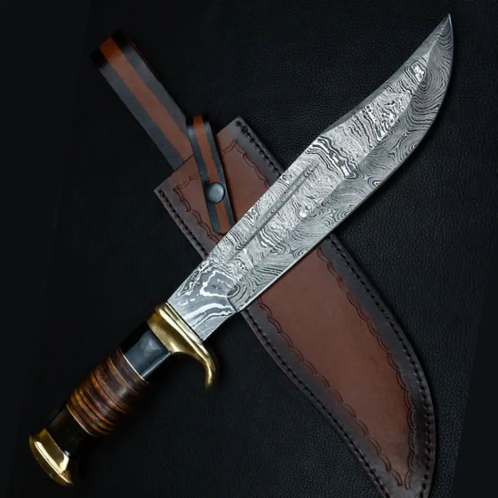 Edc Bowie Knife- Damascus Steel EDC 15”bowie knife rambo with Leather Roll & Buffalo Horn Handle