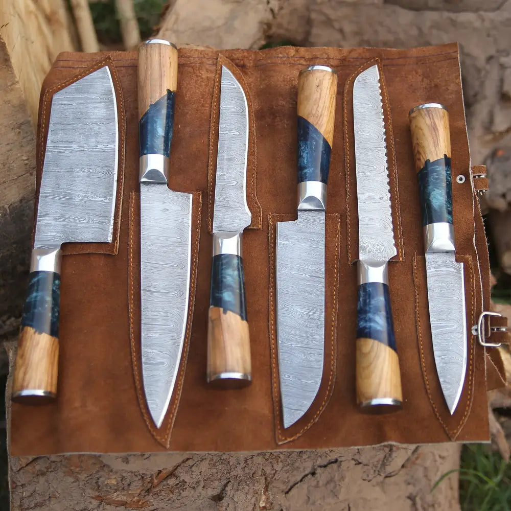 Handmade 6-piece Damascus steel chef knife set