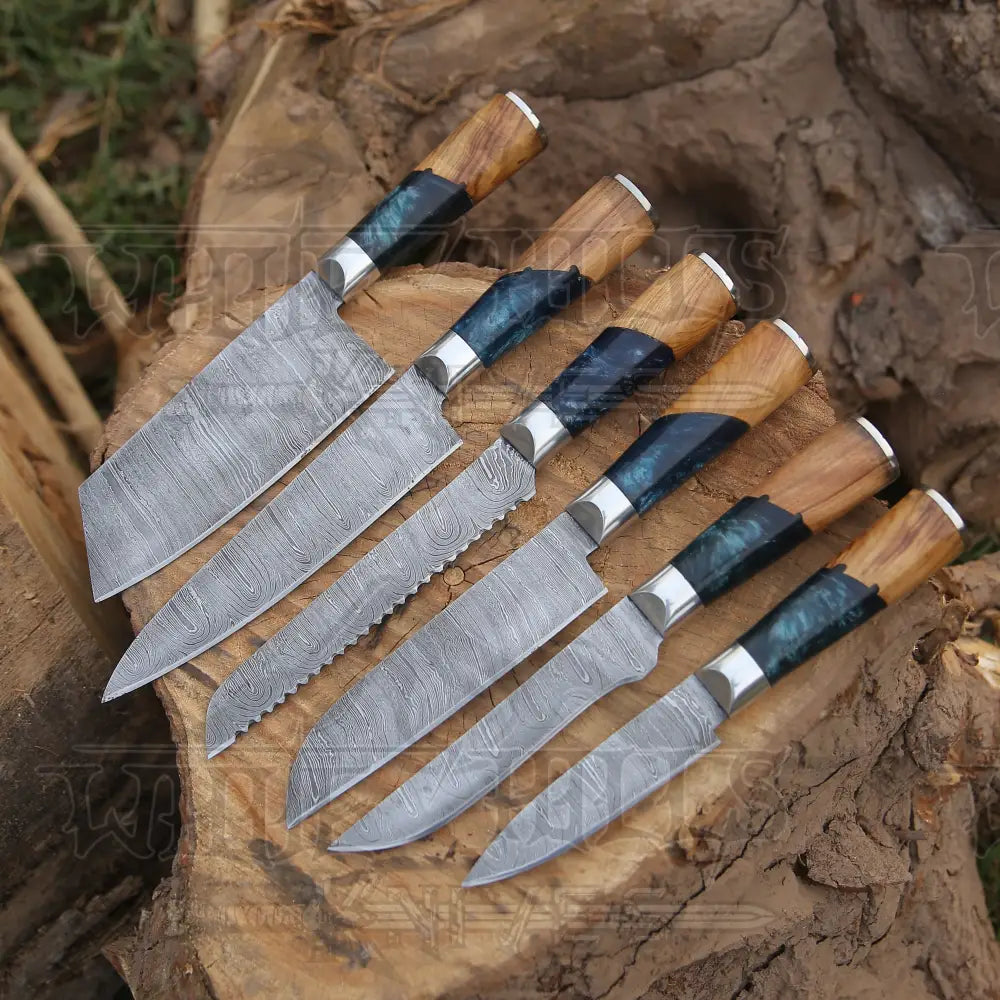 Damascus kitchen knife set with wooden handles