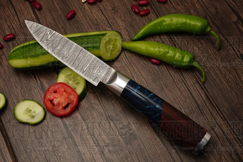 Close-up of Damascus blade pattern on chef knife