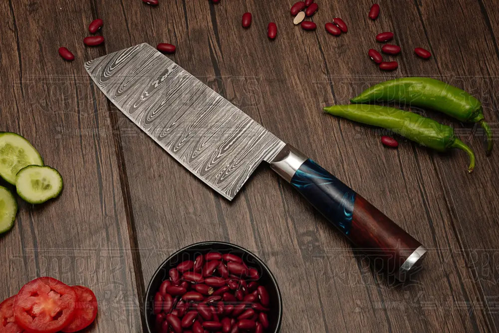 Damascus steel kitchen knives with rosewood handles