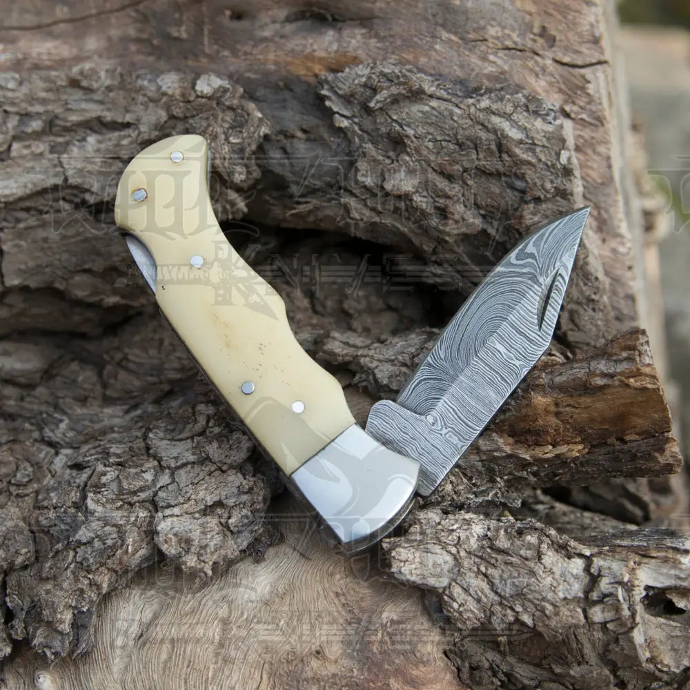 Handmade Damascus Pocket Knife - 6.5'' Back Lock Folding Knife Bone Handle - Camping Knife