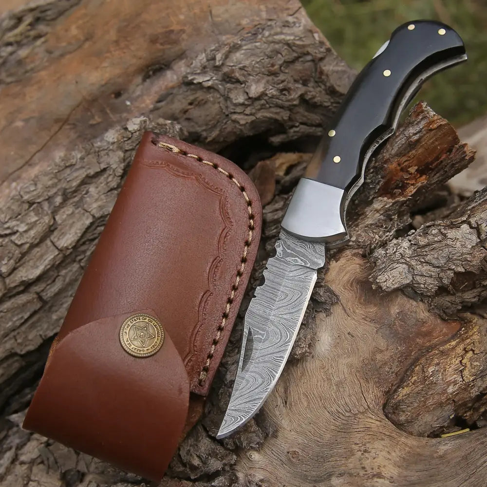 Handmade Damascus Pocket Knife - 6.5'' Back Lock Folding Knife Bull Horn Handle - Camping Knife