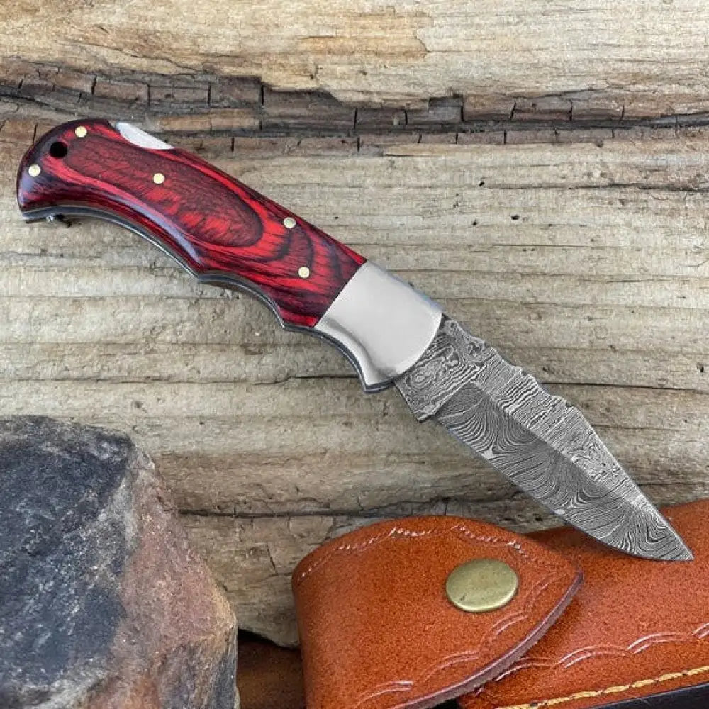 Handmade Damascus Pocket Knife - 6.5'' Back Lock Folding Knife Red Stained Wood Handle - Camping Knife