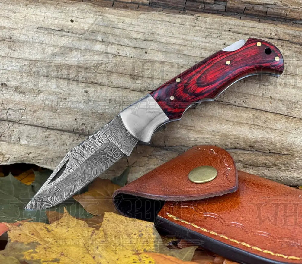 Handmade Damascus Pocket Knife - 6.5'' Back Lock Folding Knife Red Stained Wood Handle - Camping Knife