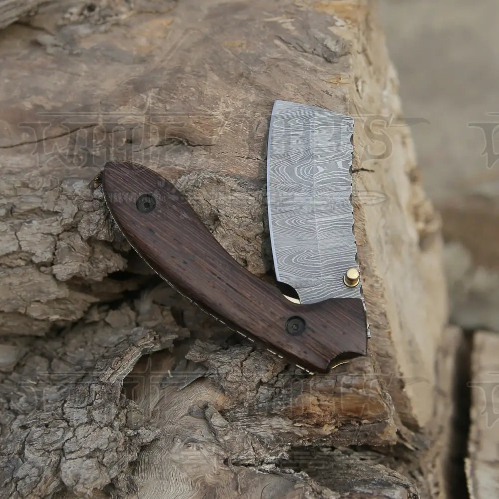 Handmade Damascus Pocket Knife - Folding Bull Cutter Knife - Wood Handle WH 5033