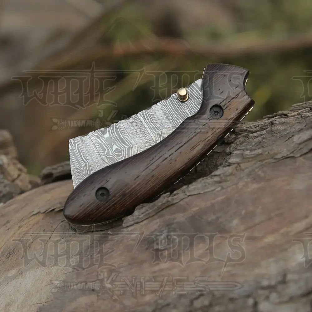 Handmade Damascus Pocket Knife - Folding Bull Cutter Knife - Wood Handle WH 5033
