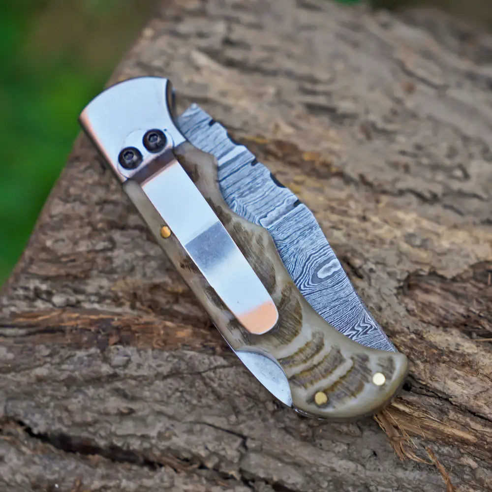 Handmade Damascus Pocket Knife with Pocket Clip - 6.5'' Back Lock Folding Knife Ram Horn Handle