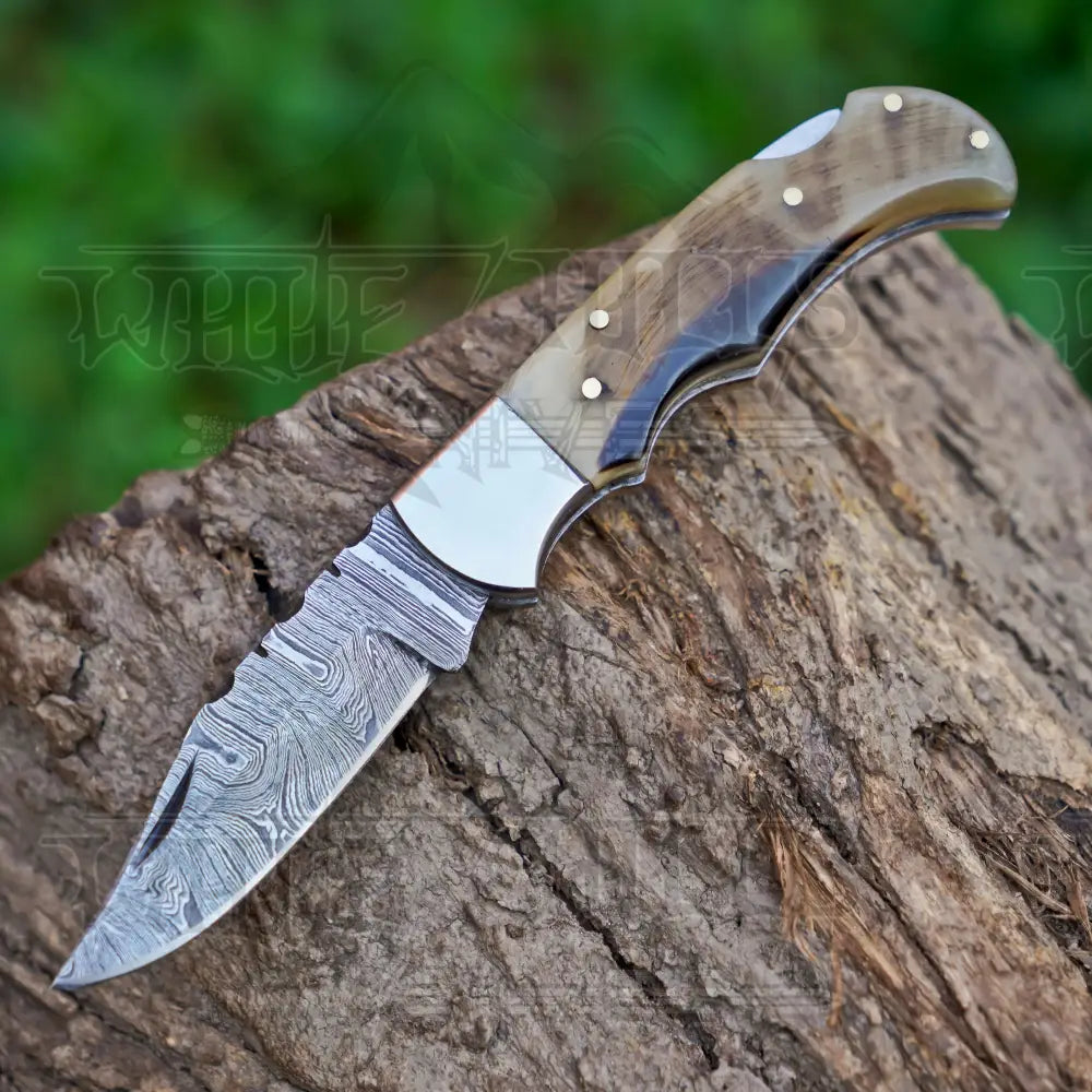 Handmade Damascus Pocket Knife with Pocket Clip - 6.5'' Back Lock Folding Knife Ram Horn Handle