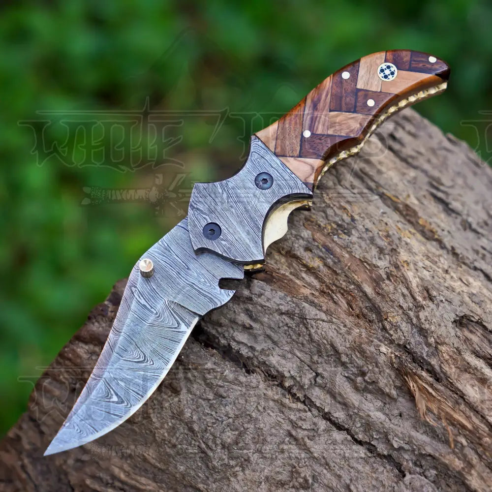 Handmade Damascus Pocket Knife with Pocket Clip - Damascus Bolster With Olive & Dark Wood Handle WH 3527-CP