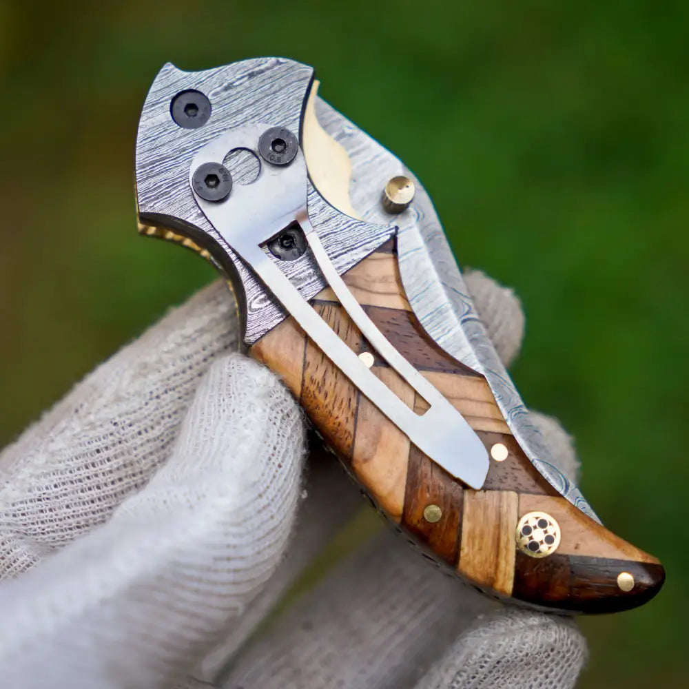 Handmade Damascus Pocket Knife with Pocket Clip - Damascus Bolster With Olive & Dark Wood Handle WH 3527-CP