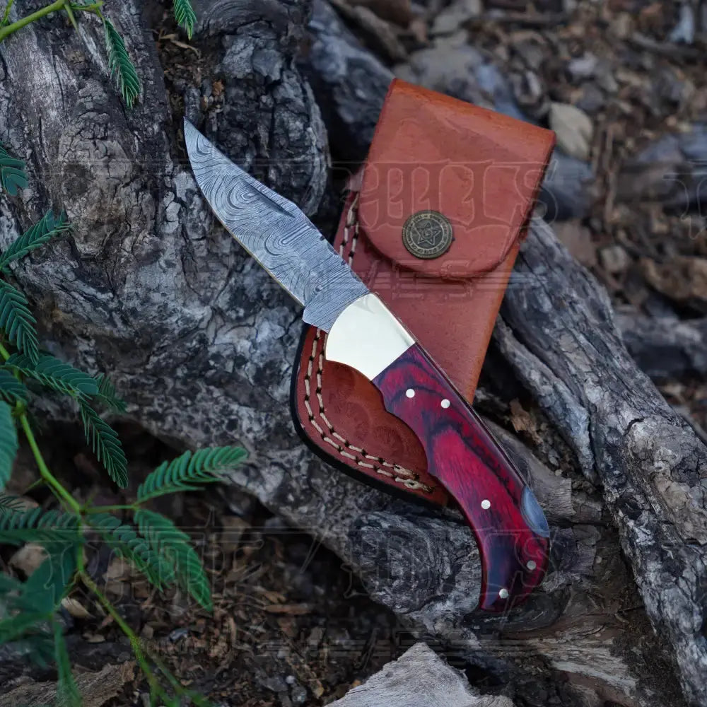 Handmade Damascus Steel Hunting Folding Knife with Pocket Clip - Camping Folding Blade With Red Wood Handle WH 1255-CP