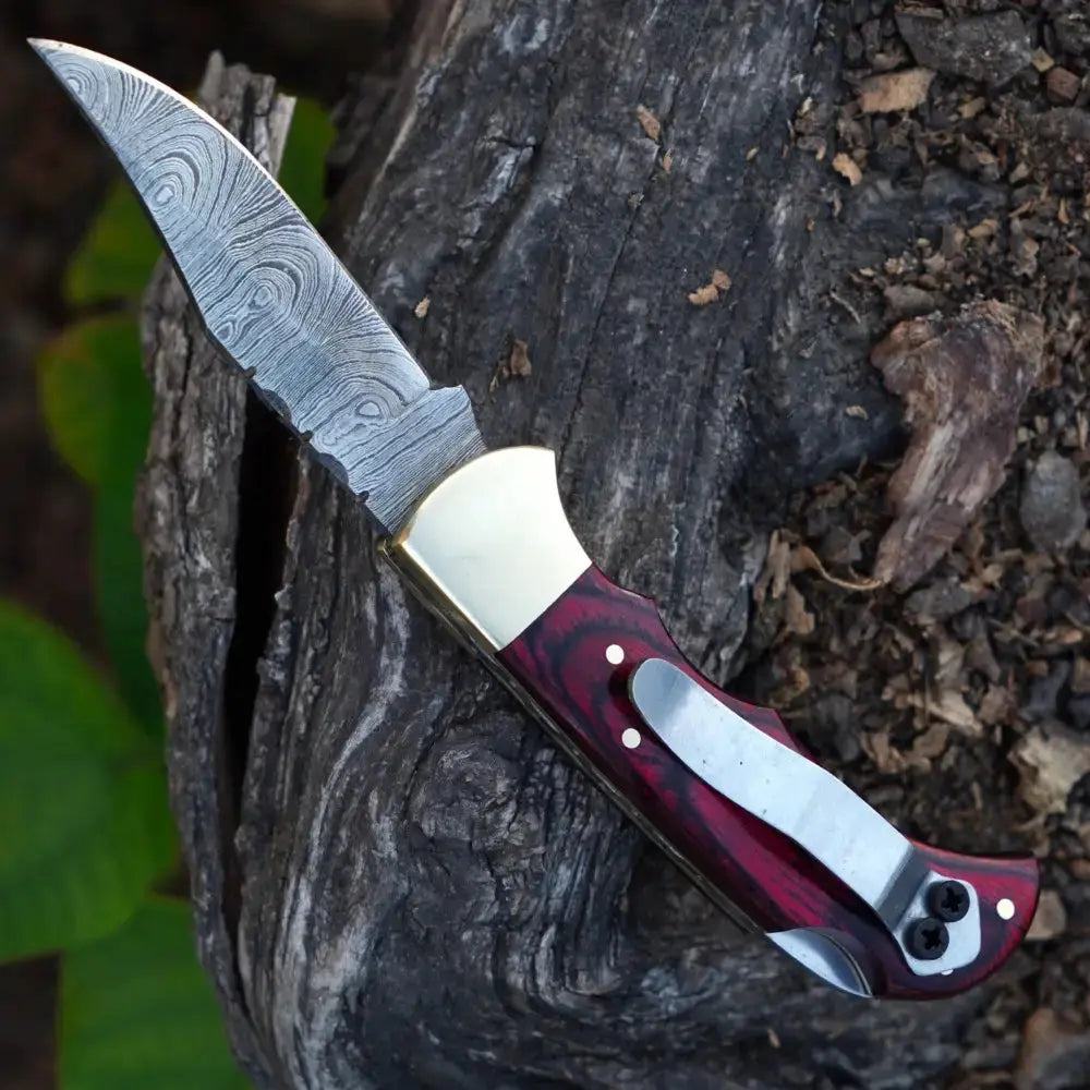 Handmade Damascus Steel Hunting Folding Knife with Pocket Clip - Camping Folding Blade With Red Wood Handle WH 1255-CP