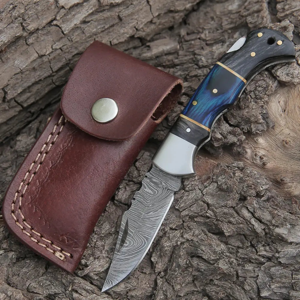 Handmade Damascus Steel Hunting Pocket Knife Camping Folding Blade With Black & Blue Dollar Sheet Handle