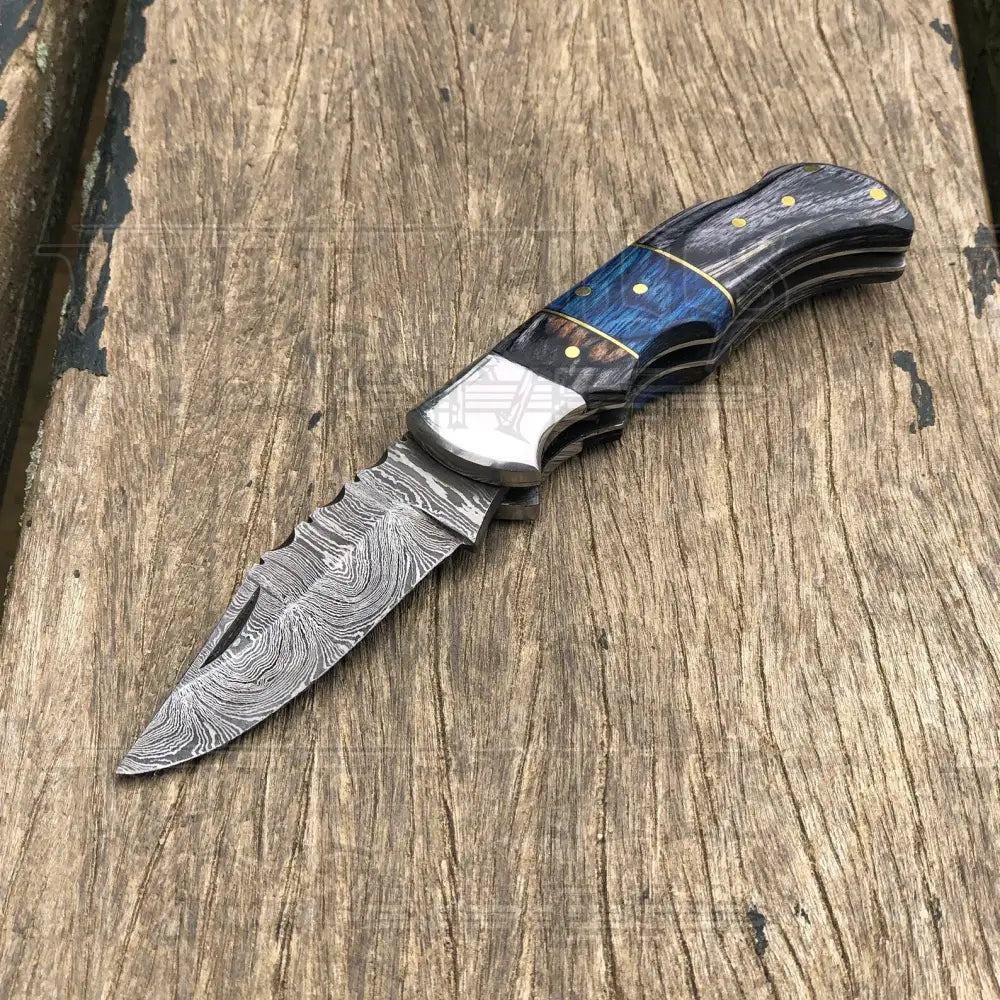 Handmade Damascus Steel Hunting Pocket Knife Camping Folding Blade With Black & Blue Wood Handle WH 4392