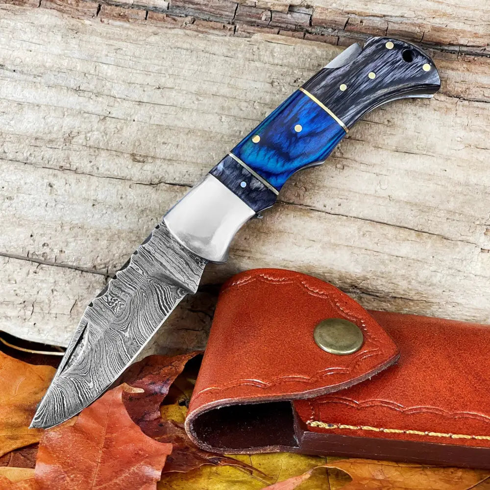 Handmade Damascus Steel Hunting Pocket Knife Camping Folding Blade With Black & Blue Wood Handle WH 4392