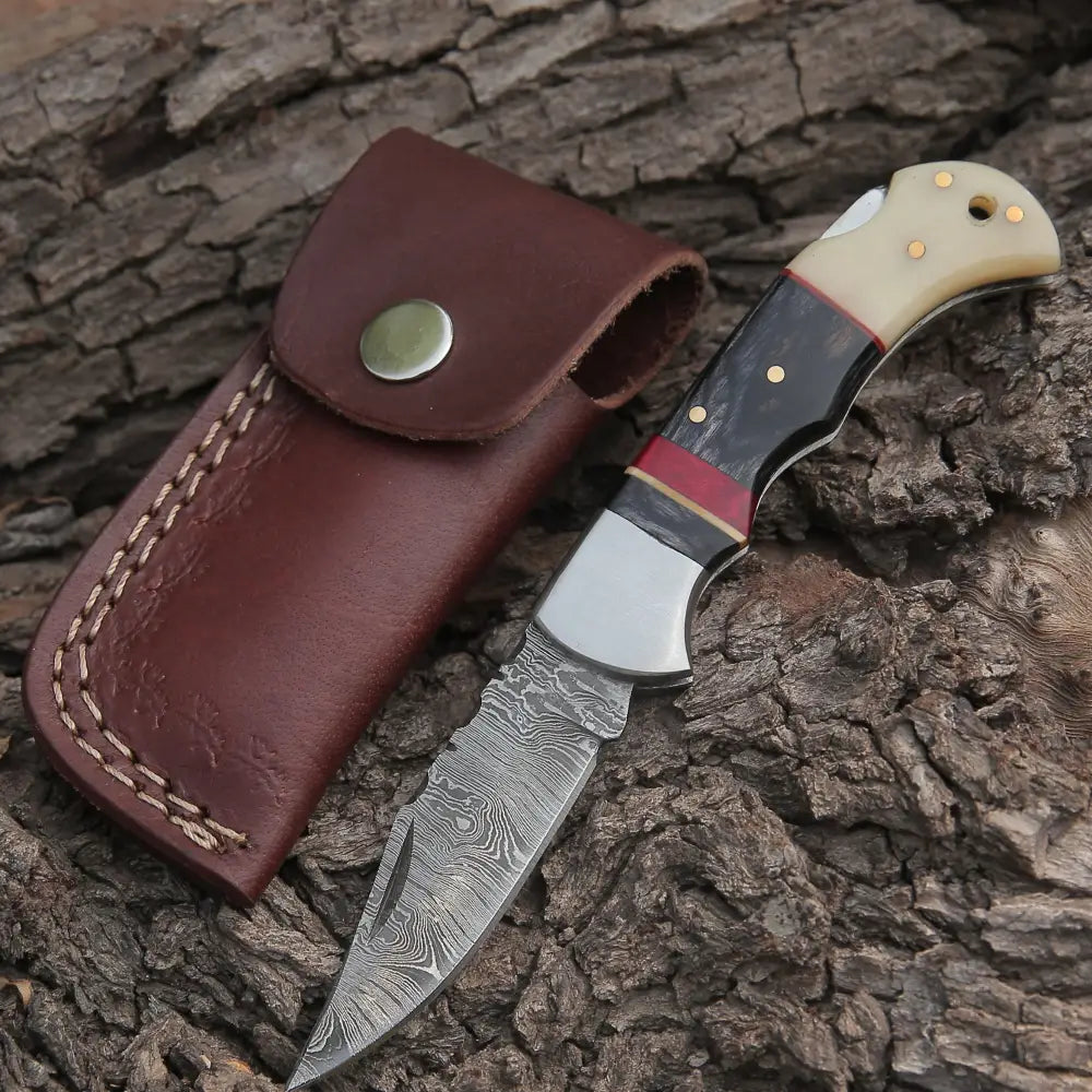 Handmade Damascus Steel Hunting Pocket Knife Camping Folding Blade With Camel Bone & Wood Handle