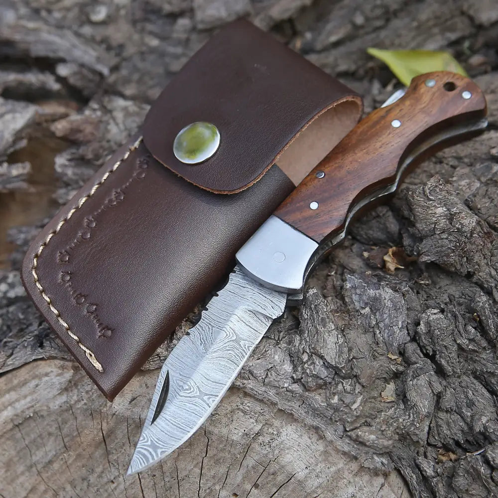 Handmade Damascus Steel Hunting Pocket Knife Camping Folding Blade With Wood Handle WH 4365