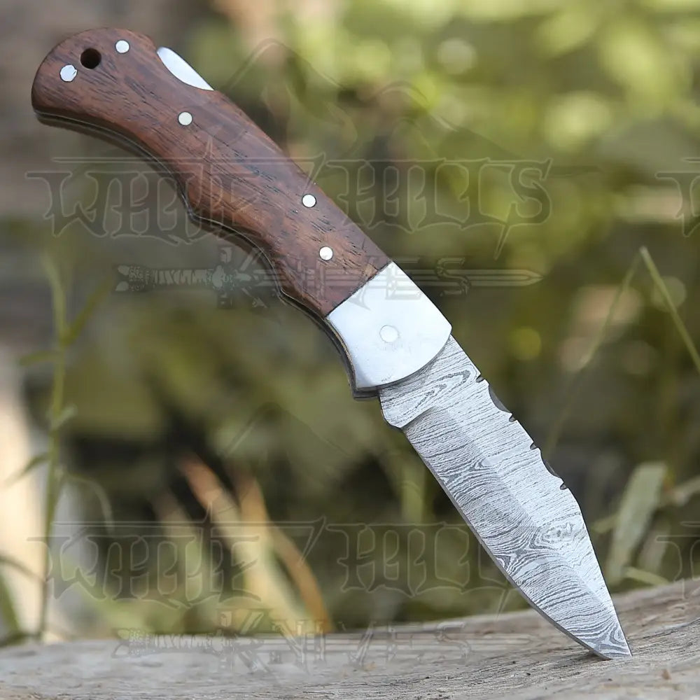 Handmade Damascus Steel Hunting Pocket Knife Camping Folding Blade With Wood Handle WH 4365