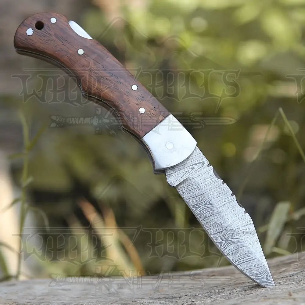 Handmade Damascus Steel Hunting Pocket Knife Camping Folding Blade With Wood Handle WH 4381