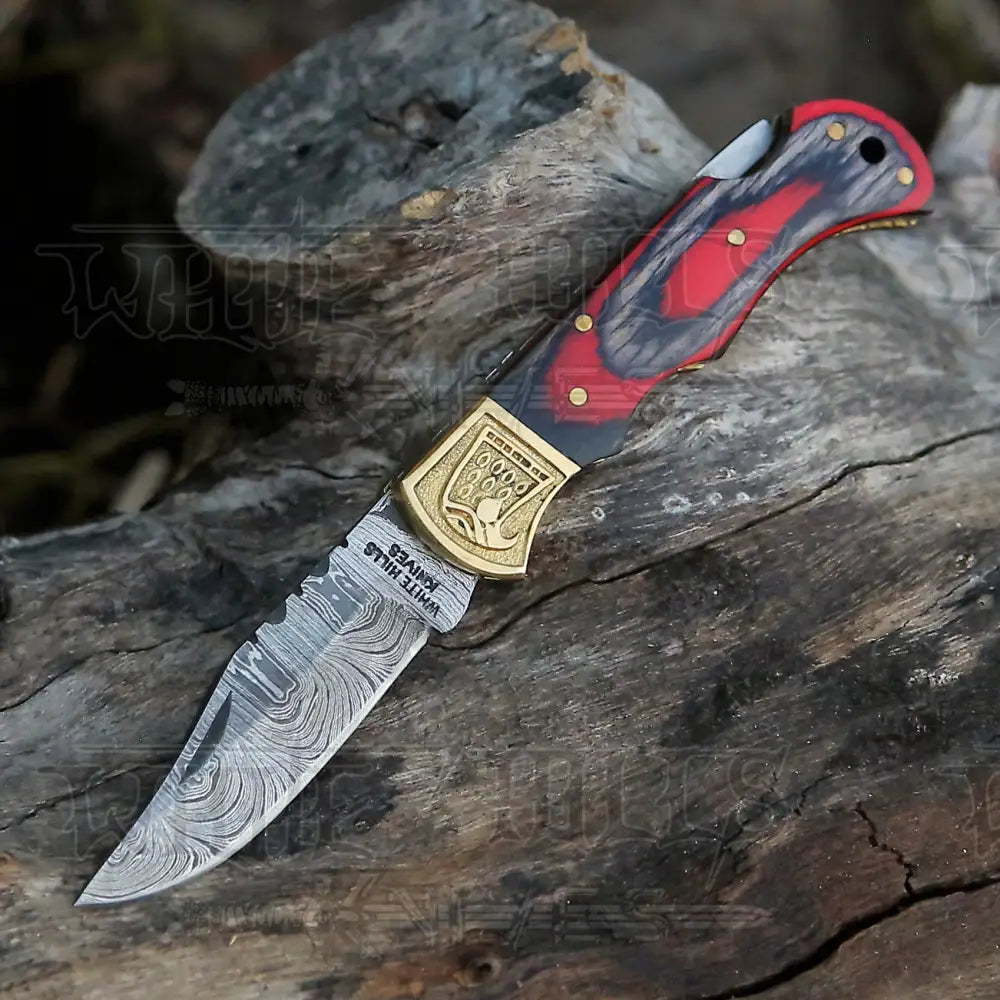 HANDMADE DAMASCUS STEEL POCKET KNIFE - Folding Knife- Stain Wood Handle With Engraved Brass Eagle Bolster WH 5043