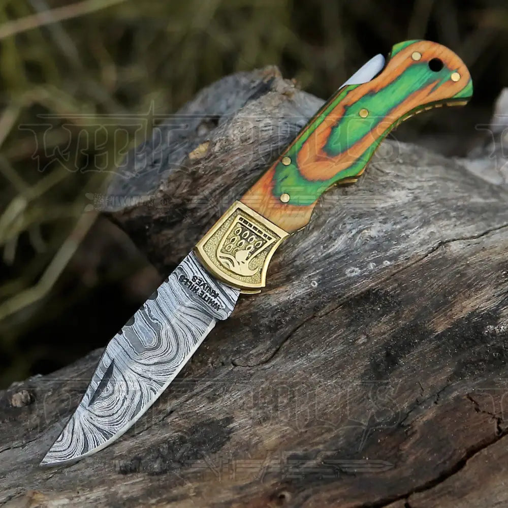 HANDMADE DAMASCUS STEEL POCKET KNIFE - Folding Knife- Stain Wood Handle With Engraved Brass Eagle Bolster WH 5044