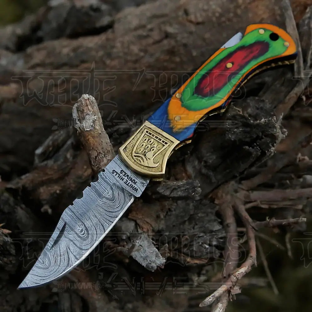 HANDMADE DAMASCUS STEEL POCKET KNIFE - Folding Knife- Stain Wood Handle With Engraved Brass Eagle Bolster WH 5045