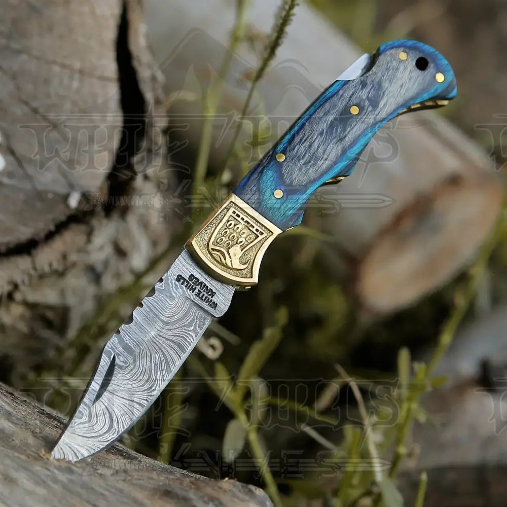 HANDMADE DAMASCUS STEEL POCKET KNIFE - Folding Knife- Stain Wood Handle With Engraved Brass Eagle Bolster WH 5050