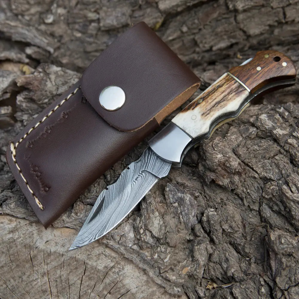 Handmade Forged Damascus Steel Hunting Camping Folding Pocket Knife With Stag Antler & Cocobolo Wood Steel Bolster Handle WH 3985
