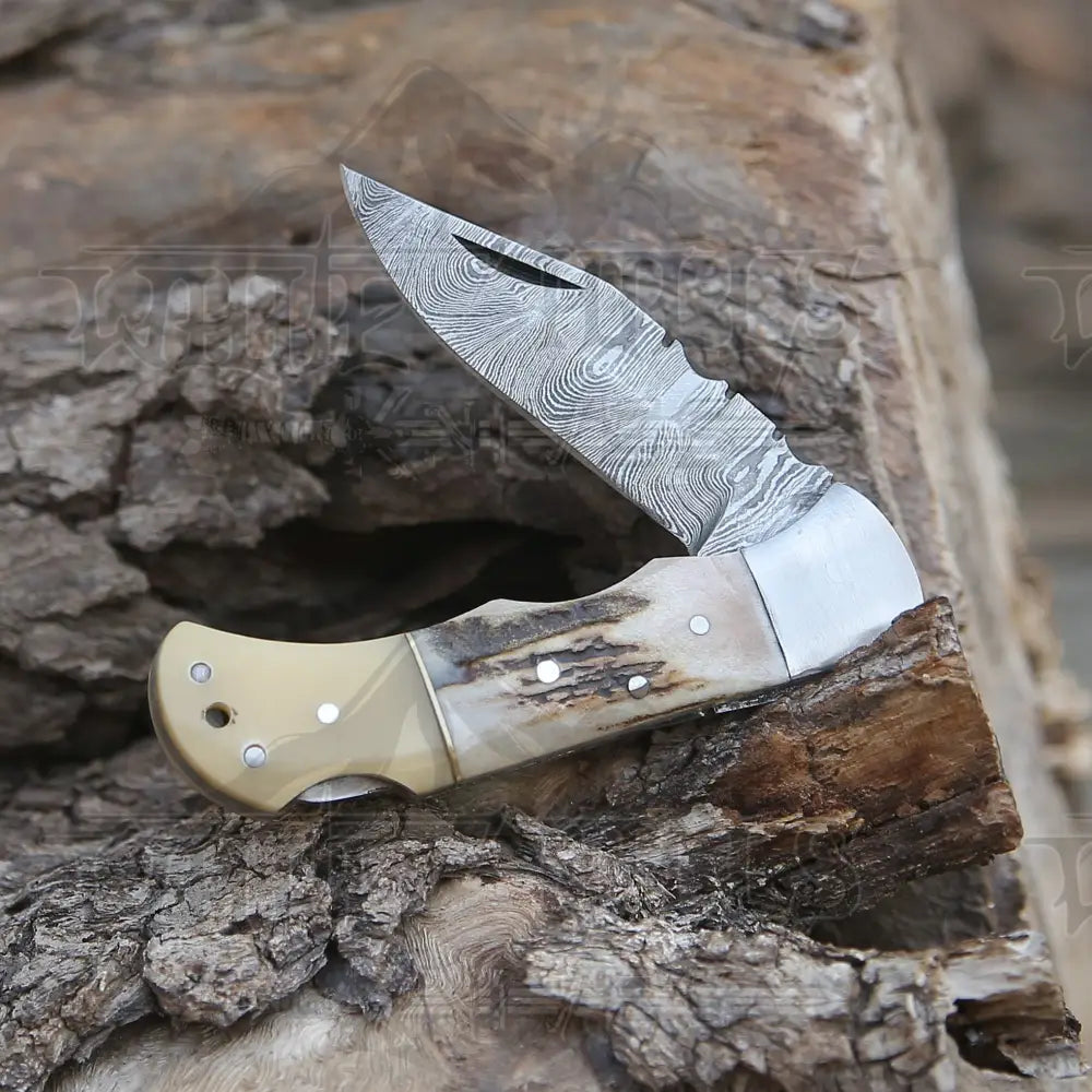 Handmade Forged Damascus Steel Hunting Folding Camping Pocket Knife With Stag Antler Camel Bone & Steel Bolster Handle WH 3986