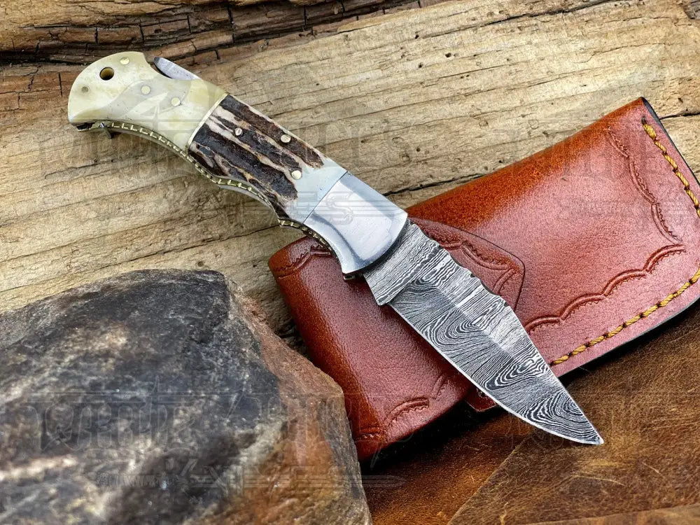 Handmade Forged Damascus Steel Hunting Folding Camping Pocket Knife With Stag Antler Camel Bone & Steel Bolster Handle WH 3986