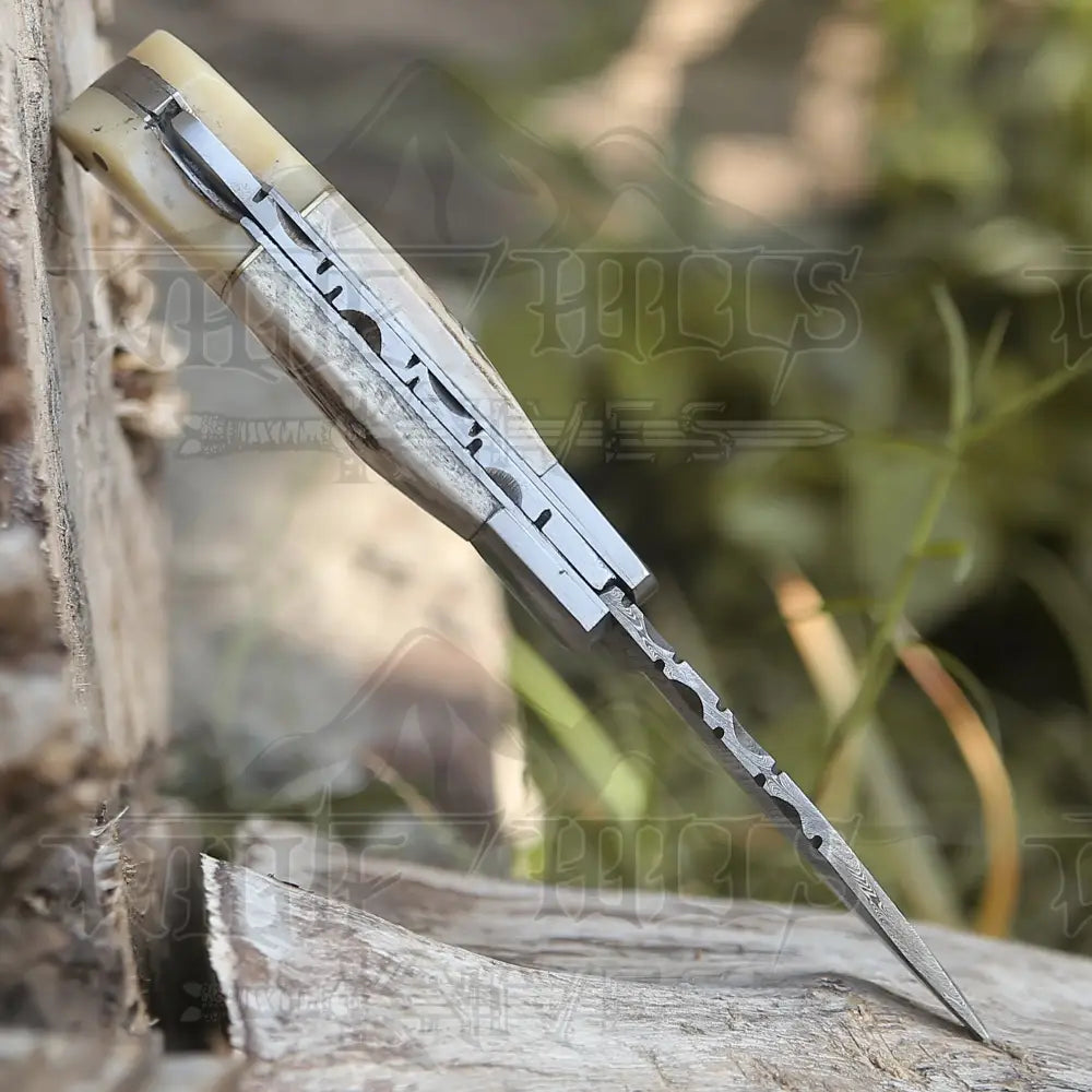 Handmade Forged Damascus Steel Hunting Folding Camping Pocket Knife With Stag Antler Camel Bone & Steel Bolster Handle WH 3986