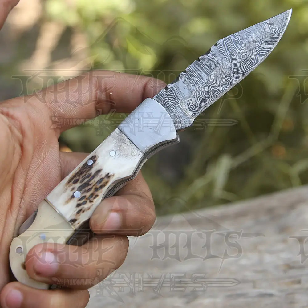 Handmade Forged Damascus Steel Hunting Folding Camping Pocket Knife With Stag Antler Camel Bone & Steel Bolster Handle WH 3986