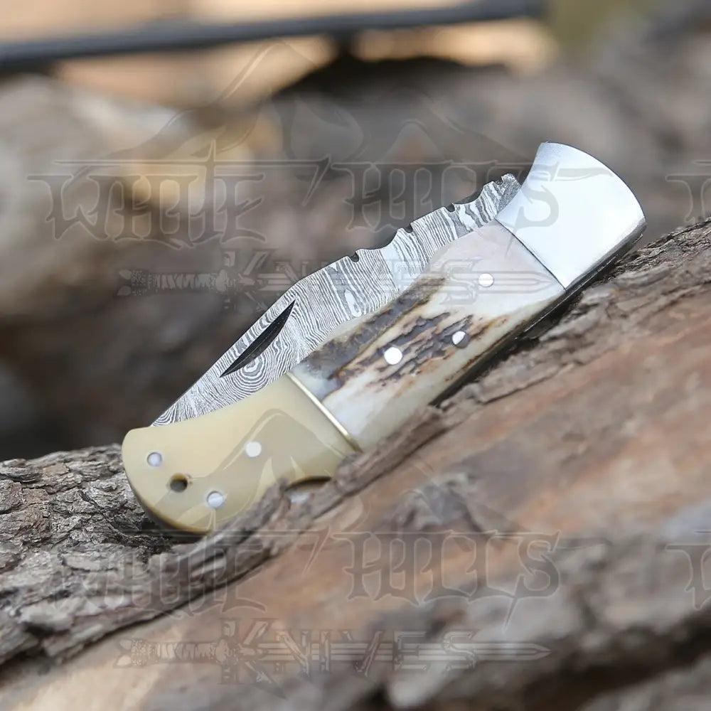 Handmade Forged Damascus Steel Hunting Folding Camping Pocket Knife With Stag Antler Camel Bone & Steel Bolster Handle WH 3986