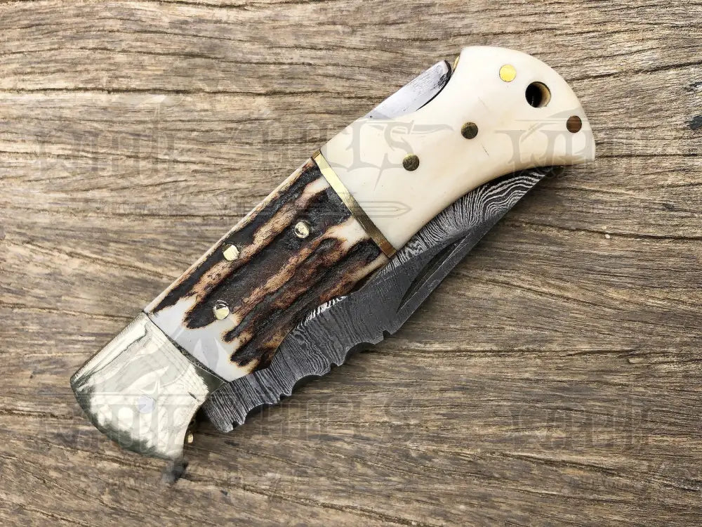 Handmade Forged Damascus Steel Hunting Folding Camping Pocket Knife With Stag Antler Camel Bone & Steel Bolster Handle WH 3986