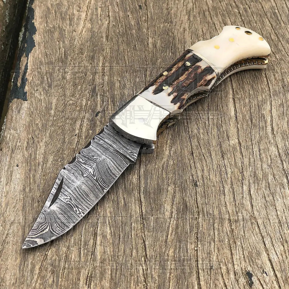 Handmade Forged Damascus Steel Hunting Folding Camping Pocket Knife With Stag Antler Camel Bone & Steel Bolster Handle WH 3986